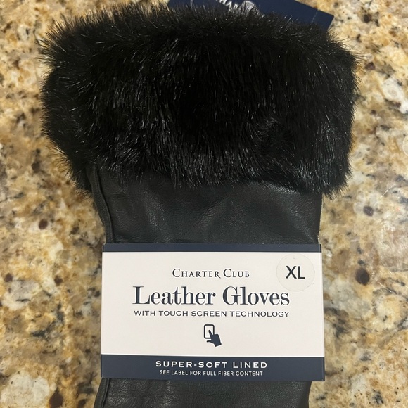 New - Charter Club Black Leather and Faux Fur-Trim Gloves - Picture 4 of 5
